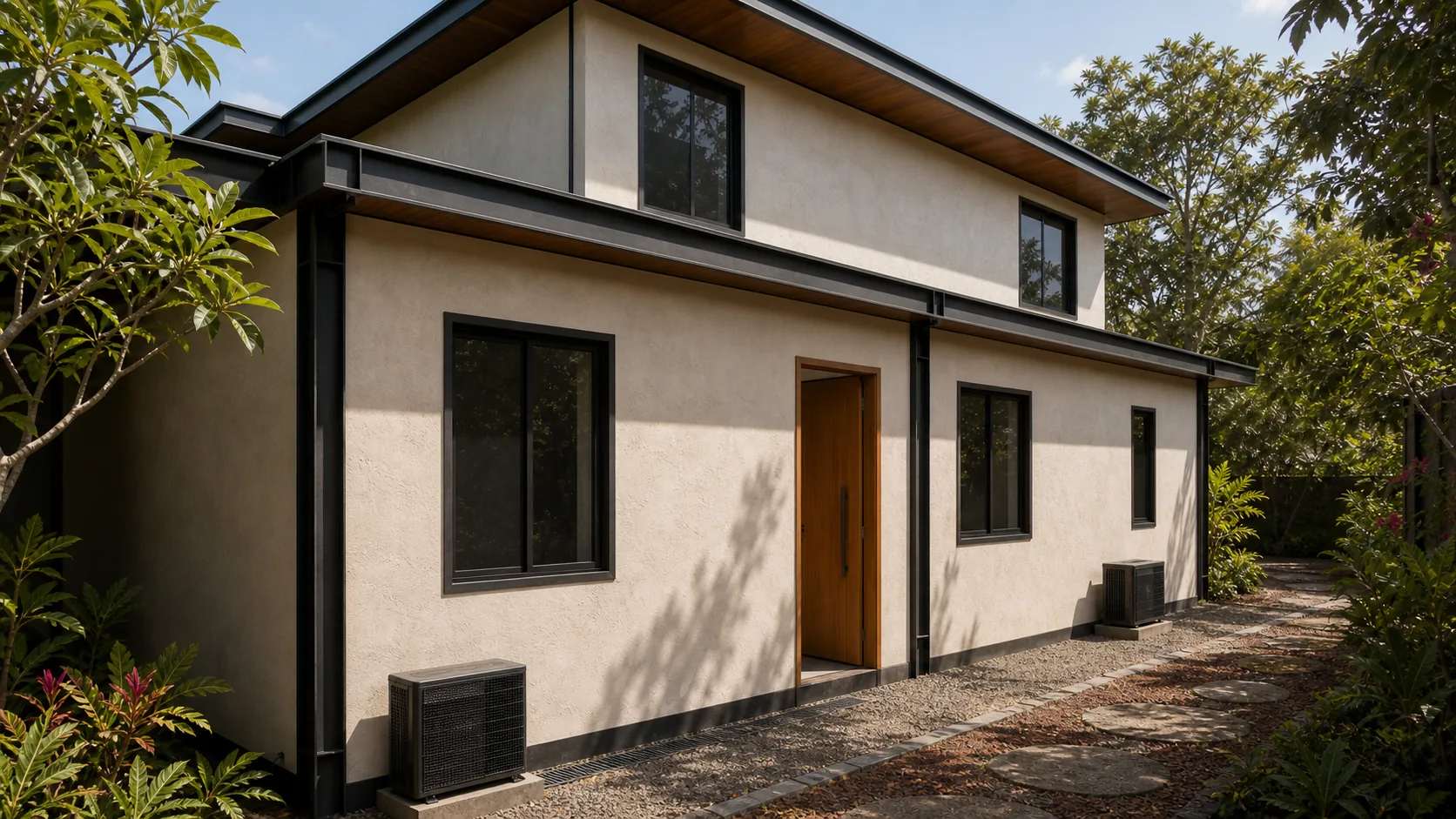 Service elevation places utility equipment beside a recessed timber-toned entrance