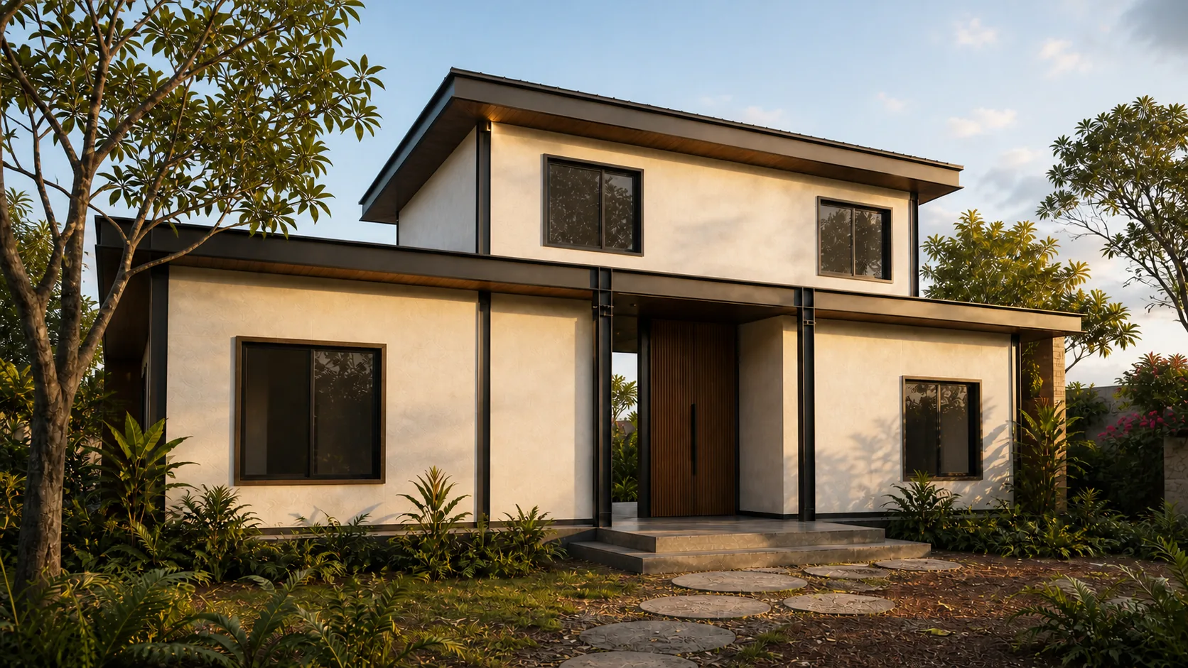 South arrival wing forms a sheltered porch between two pale volumes