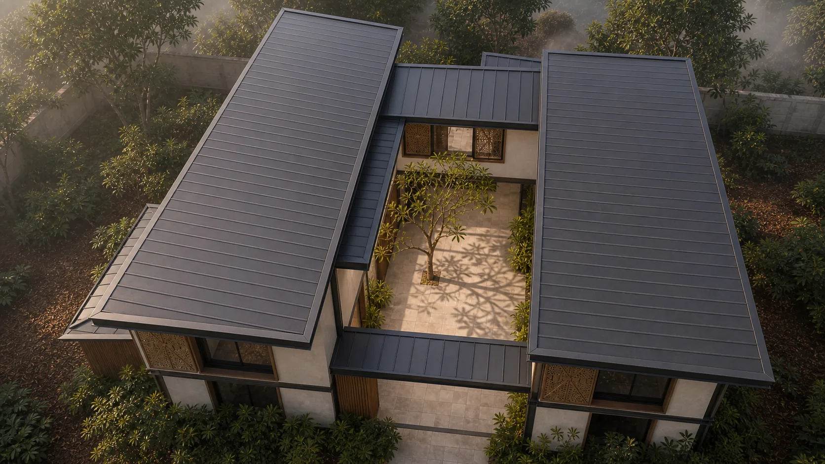 Roof-level overview shows four wings turning around the planted open court