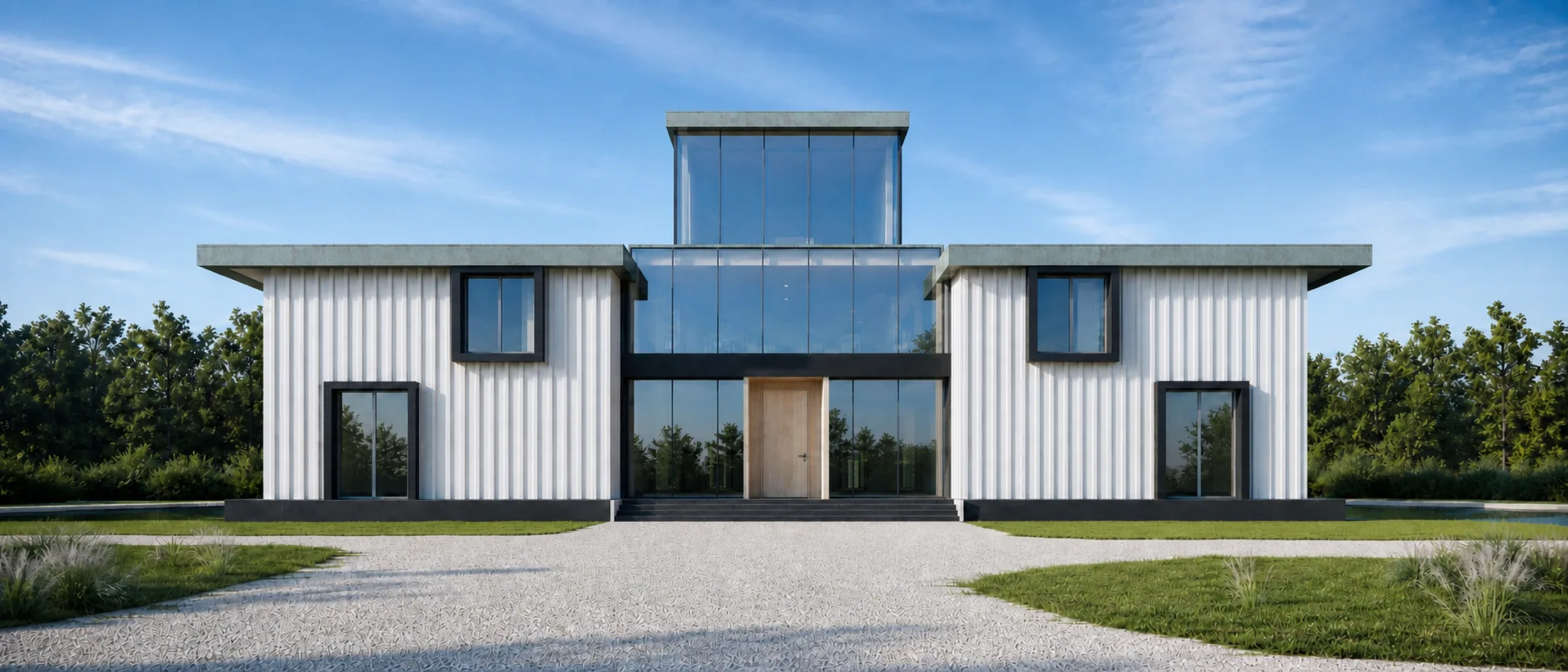 Symmetrical arrival frames the tall glazed centre between two white wings