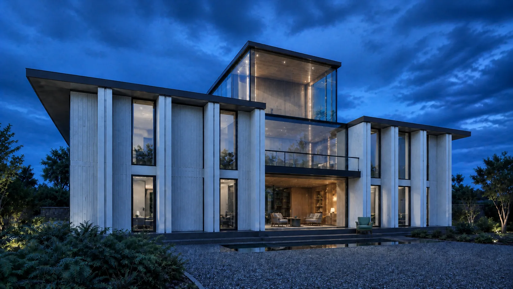 Dusk arrival lights the tall centre above a sheltered recessed entrance
