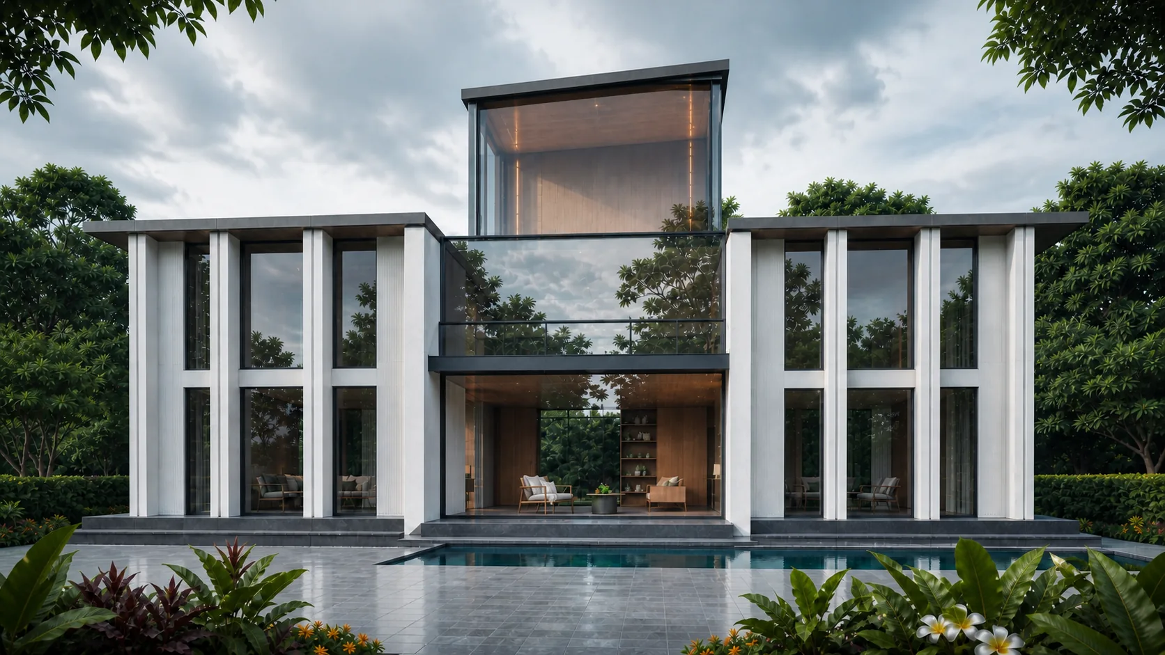 Pool face sets broad fluted piers beside a recessed glazed living room