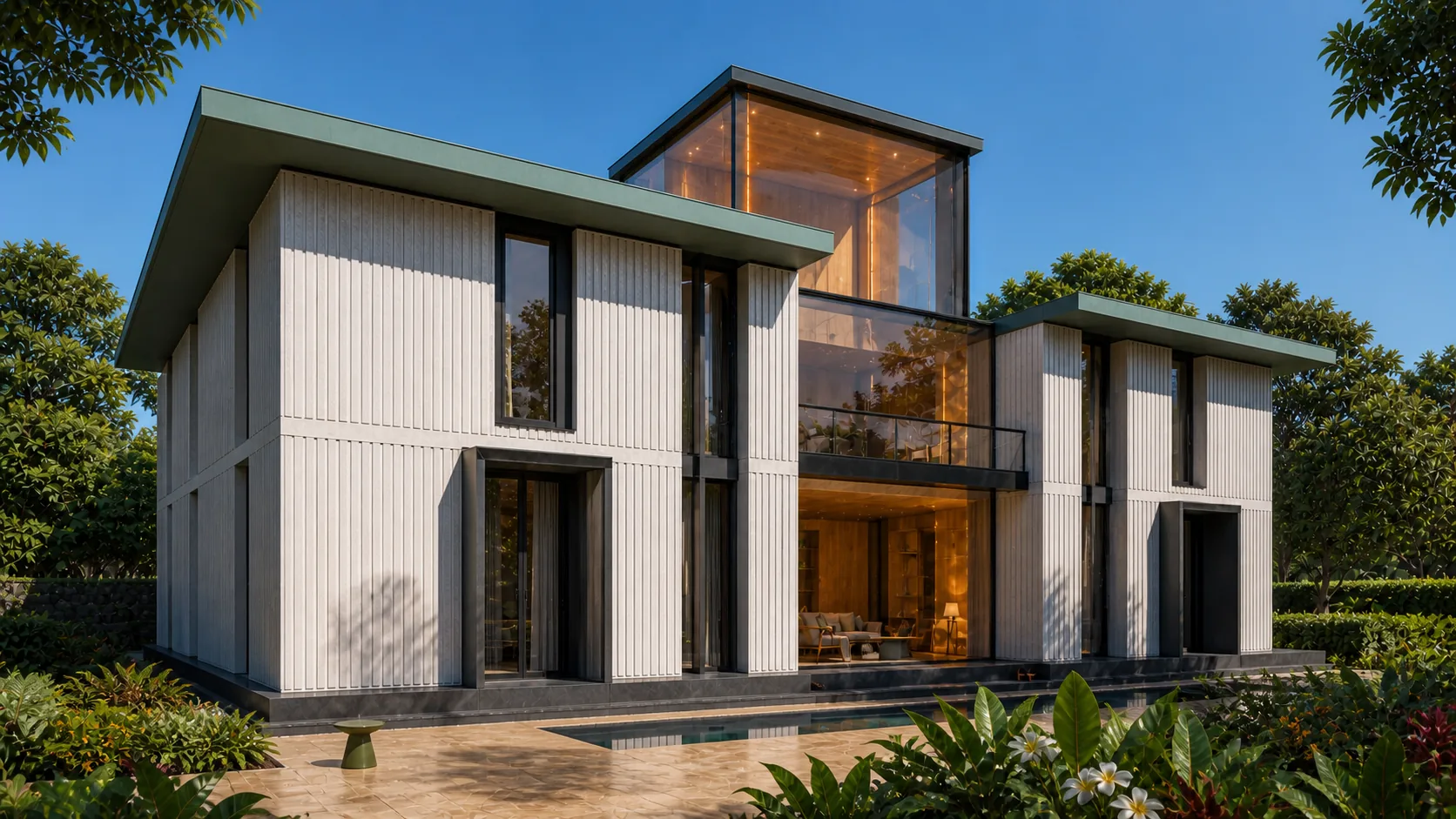 Corner three-quarter shows the lit centre rising behind staggered white volumes