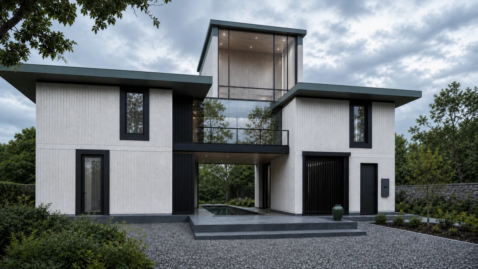 Dining court forms a quiet paved terrace between the two wings