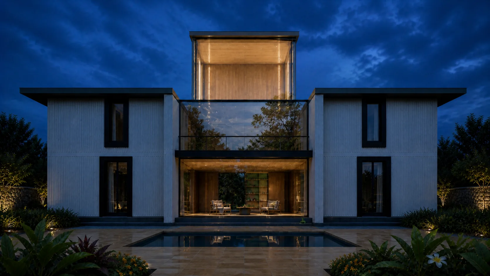 Bridge elevation glows at dusk above the dark recessed entrance