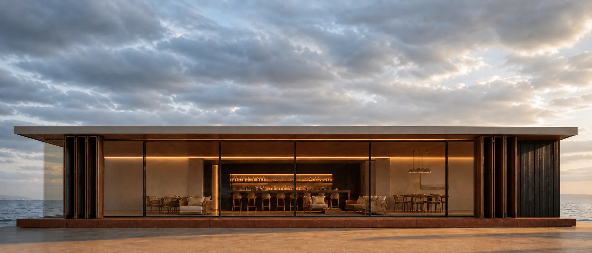 Open north face reveals a warm interior behind sliding timber-toned shutters