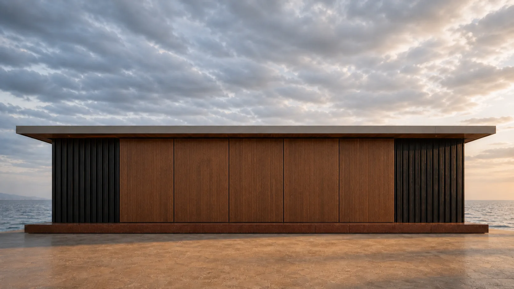 Closed north elevation forms a quiet dark wall beneath the floating roof