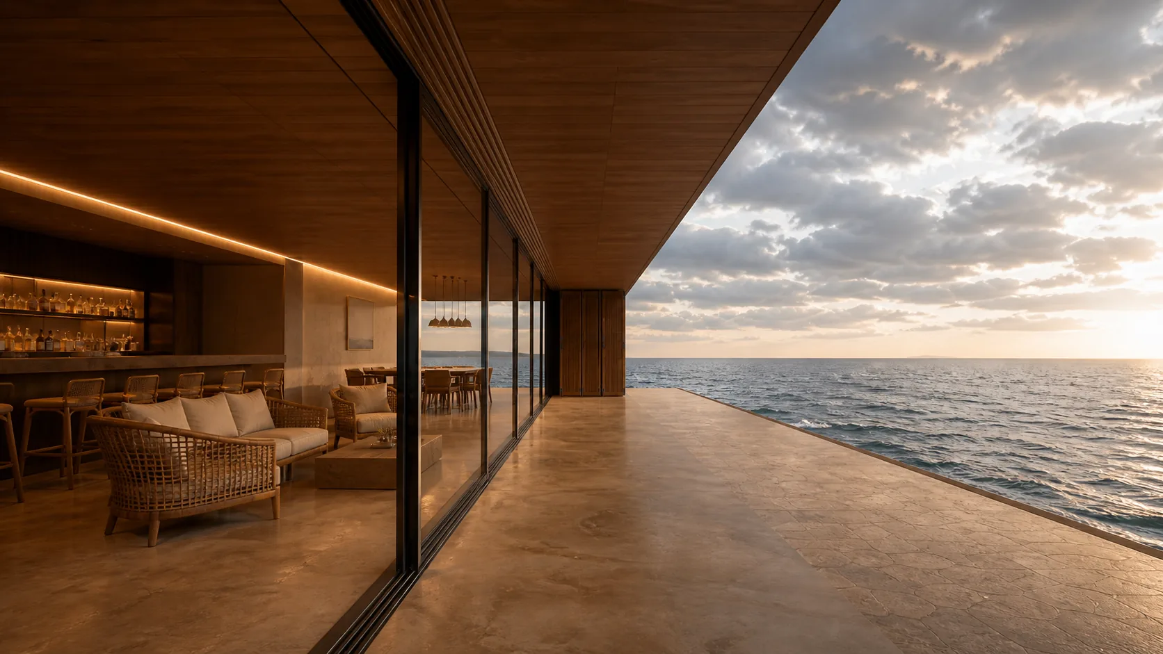 Deep loggia shades an outdoor sitting area beside the water axis