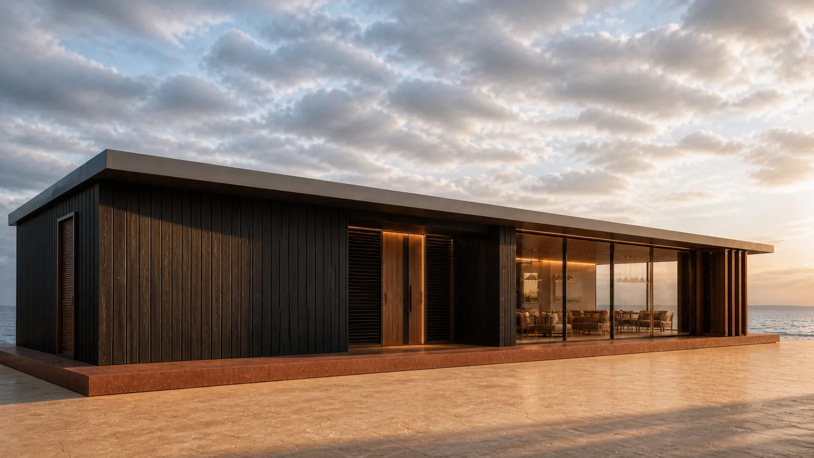 Southeast arrival combines dark cladding with a recessed timber-toned doorway