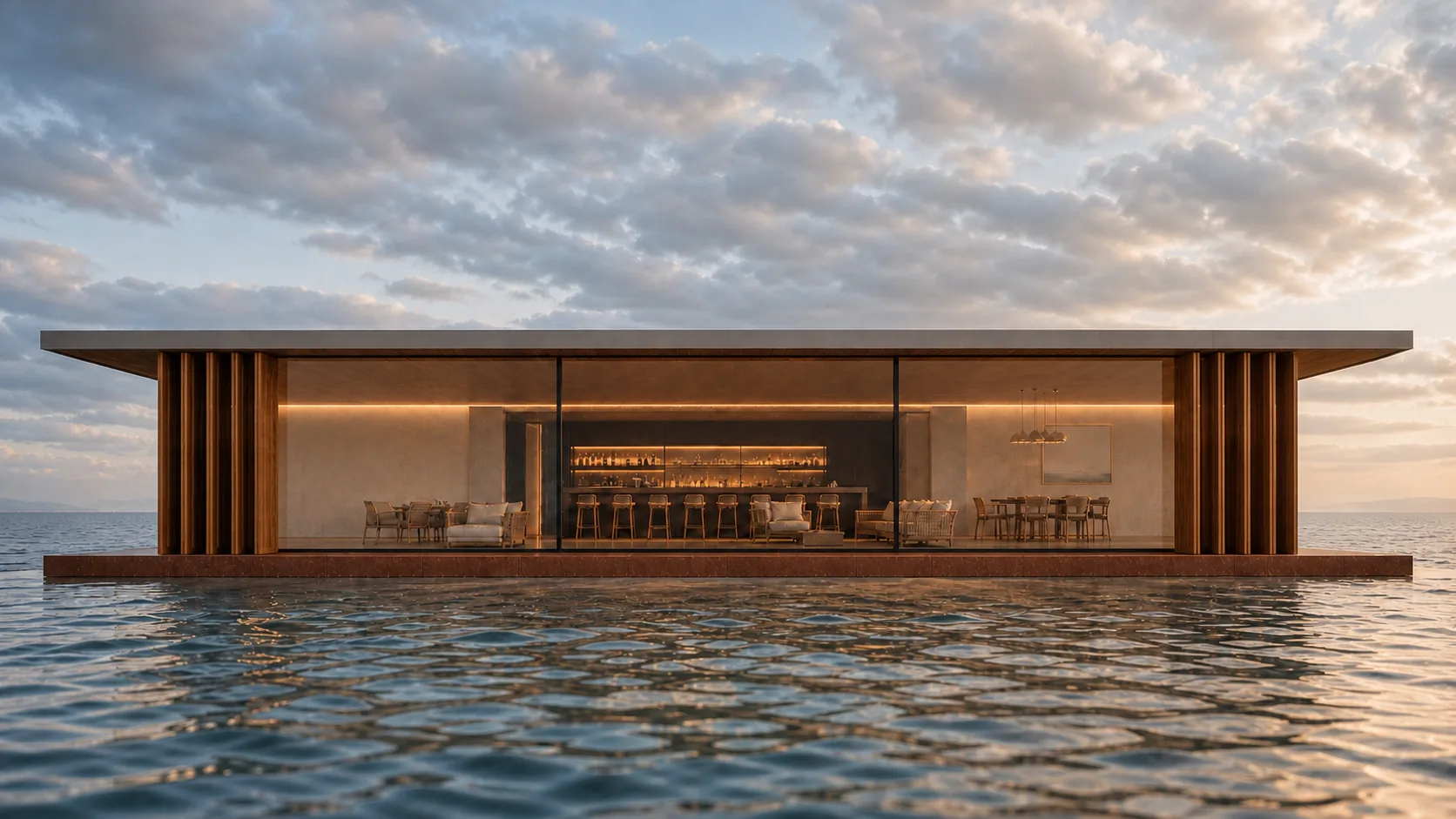 North waterline elevation reflects the long lit room across still water