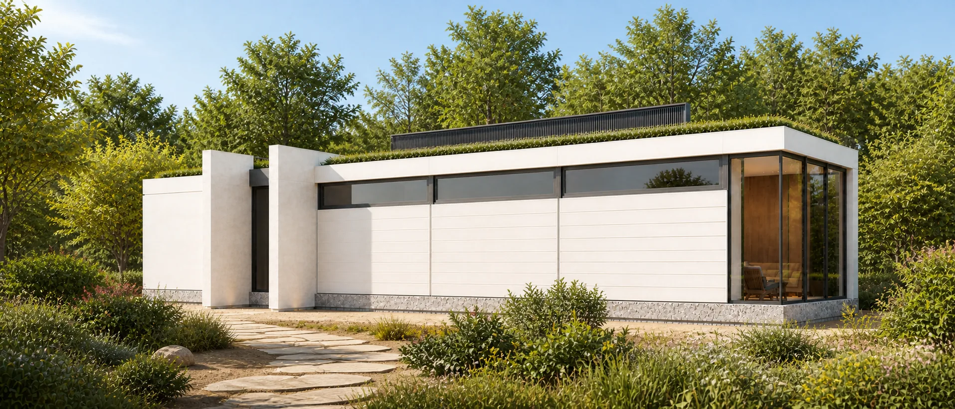 Garden three-quarter shows a long pale suite with its glazed end
