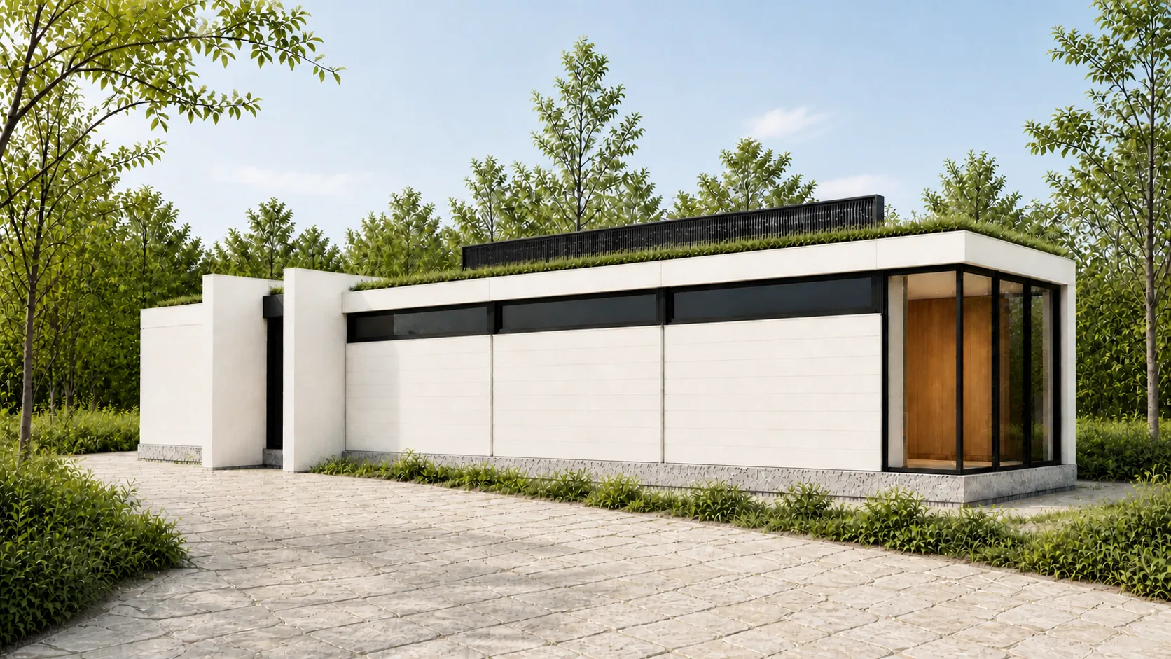 Lane-side elevation folds pale panels beneath a narrow dark roof edge