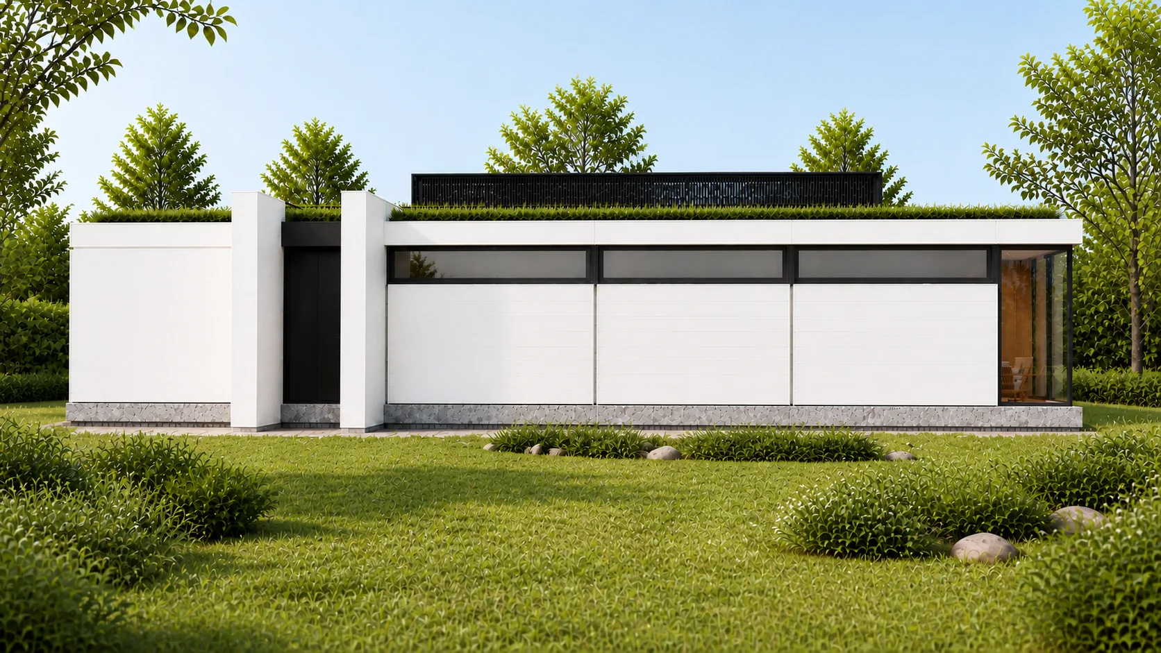 Family-side elevation sets the recessed entrance between two pale stone blades