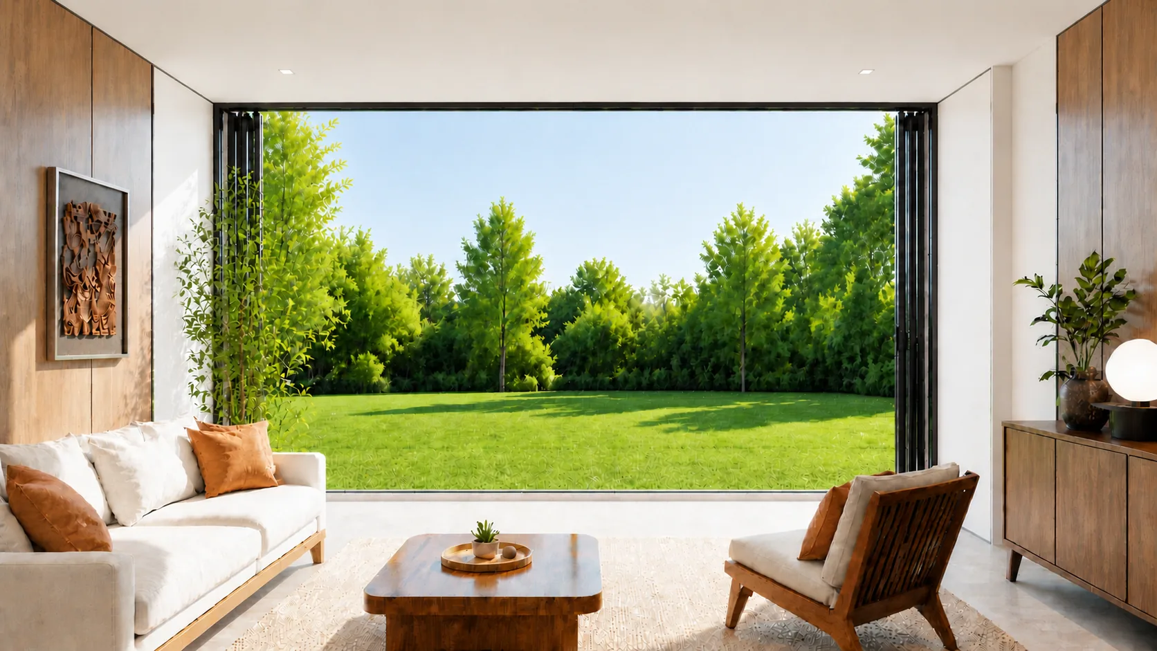 Garden end opens completely across a bright lawn-facing threshold