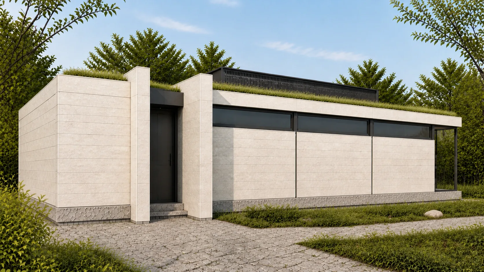 Recessed arrival sits between stone blades and a sheltered timber-toned door