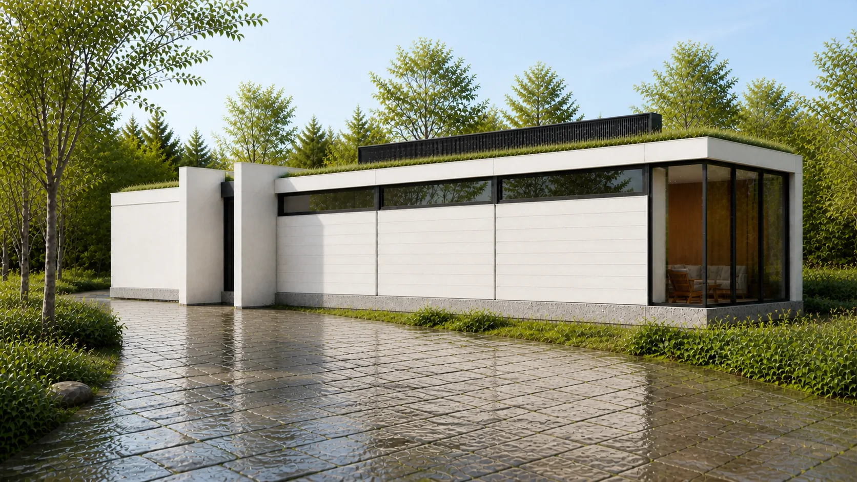 Wet lane reflects clerestory glazing and the dark planted roof edge