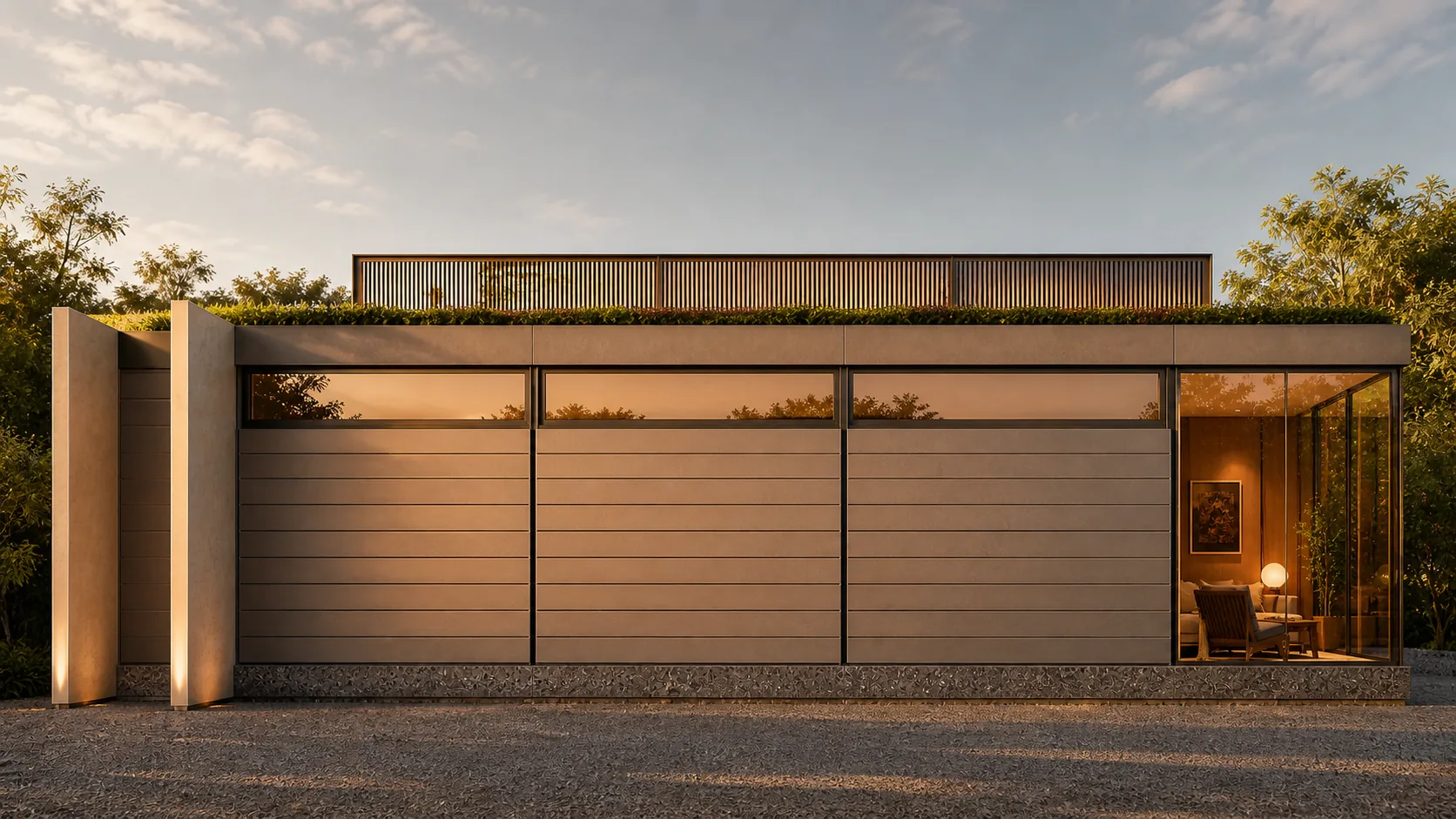 Long elevation runs solid stone courses under a continuous clerestory band