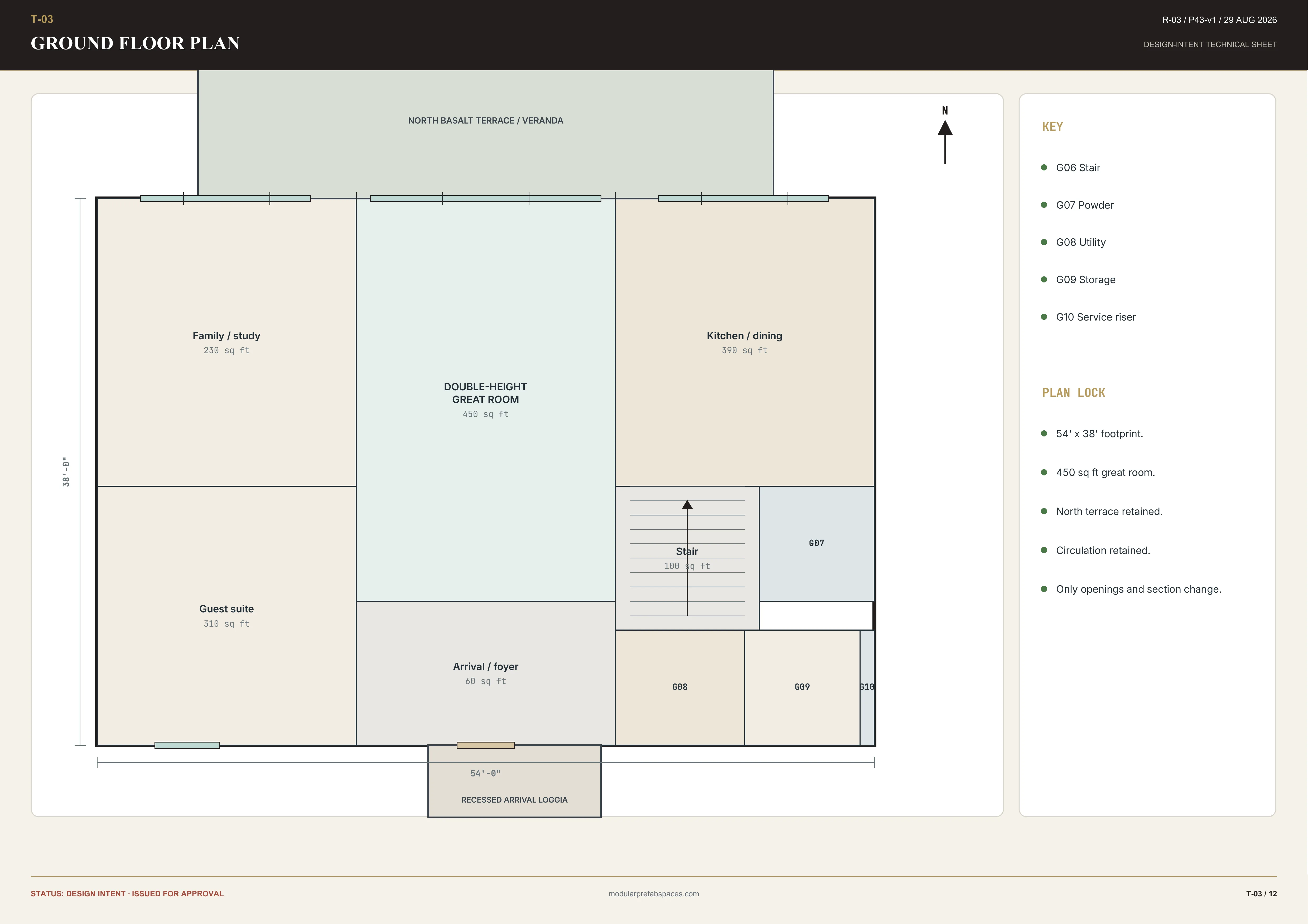 Ground-floor plan sheet arranging living rooms guest suite services and entrance