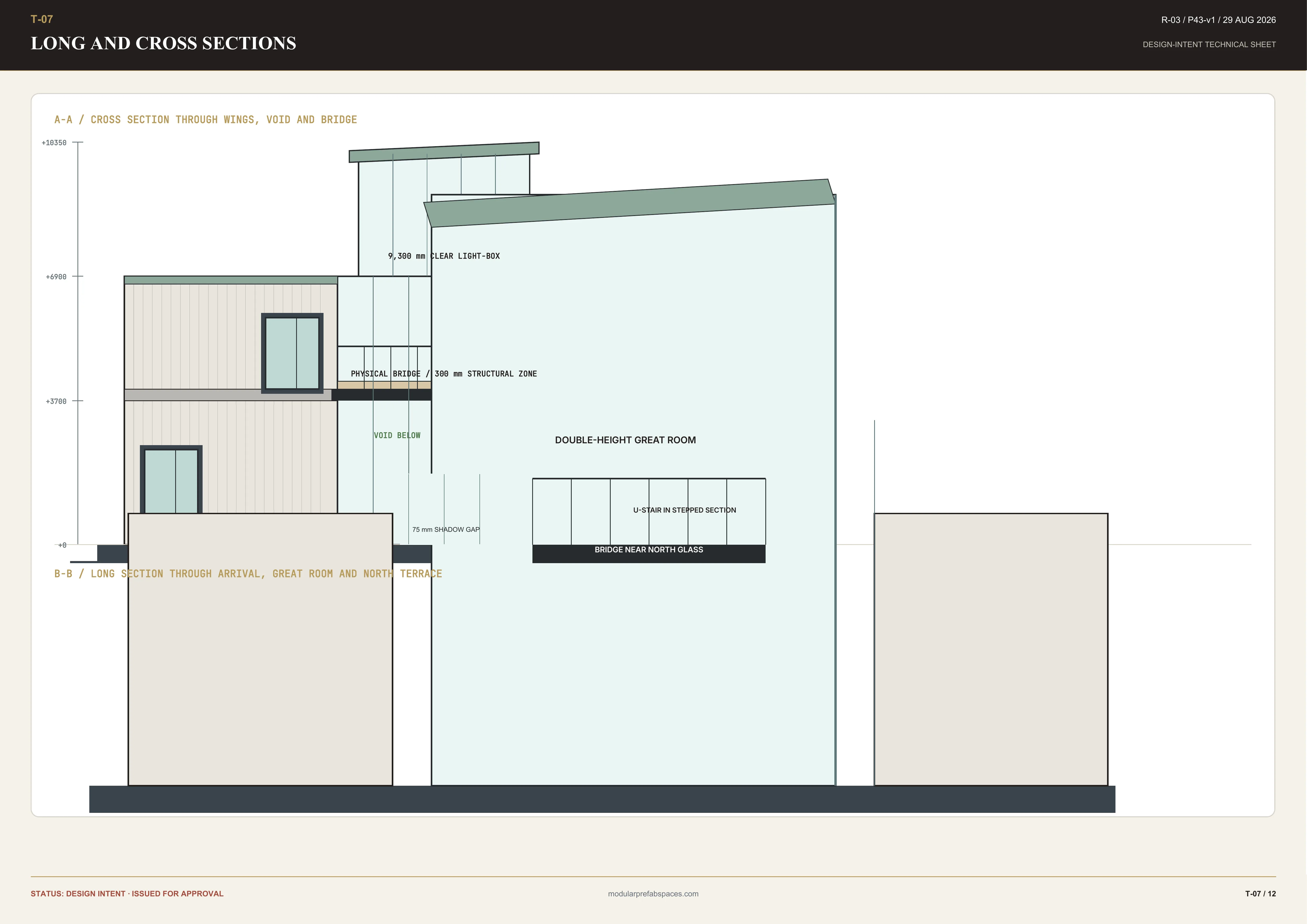 Long and cross section sheet through the tall room bridge and rooms