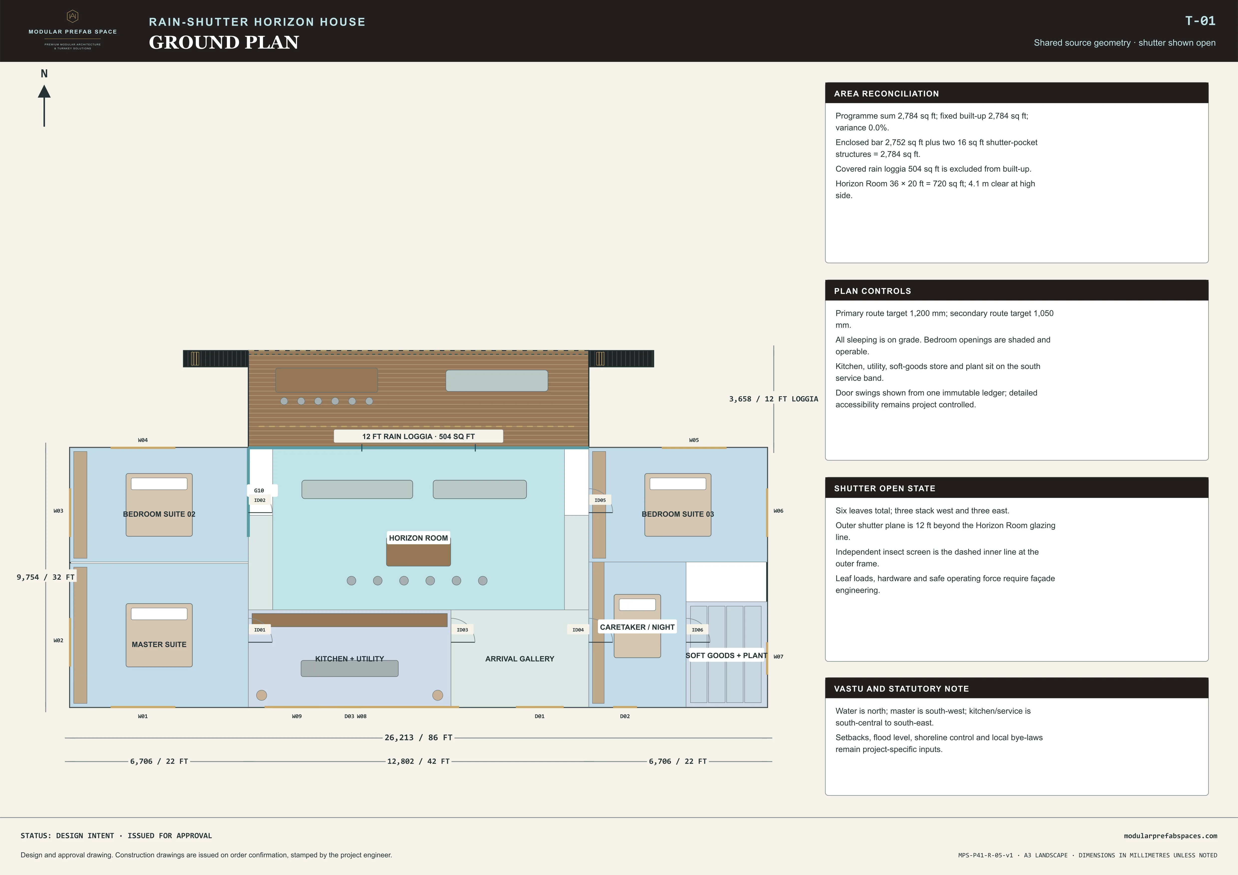 Dimensioned ground plan sheet arranging bedrooms services and the horizon room