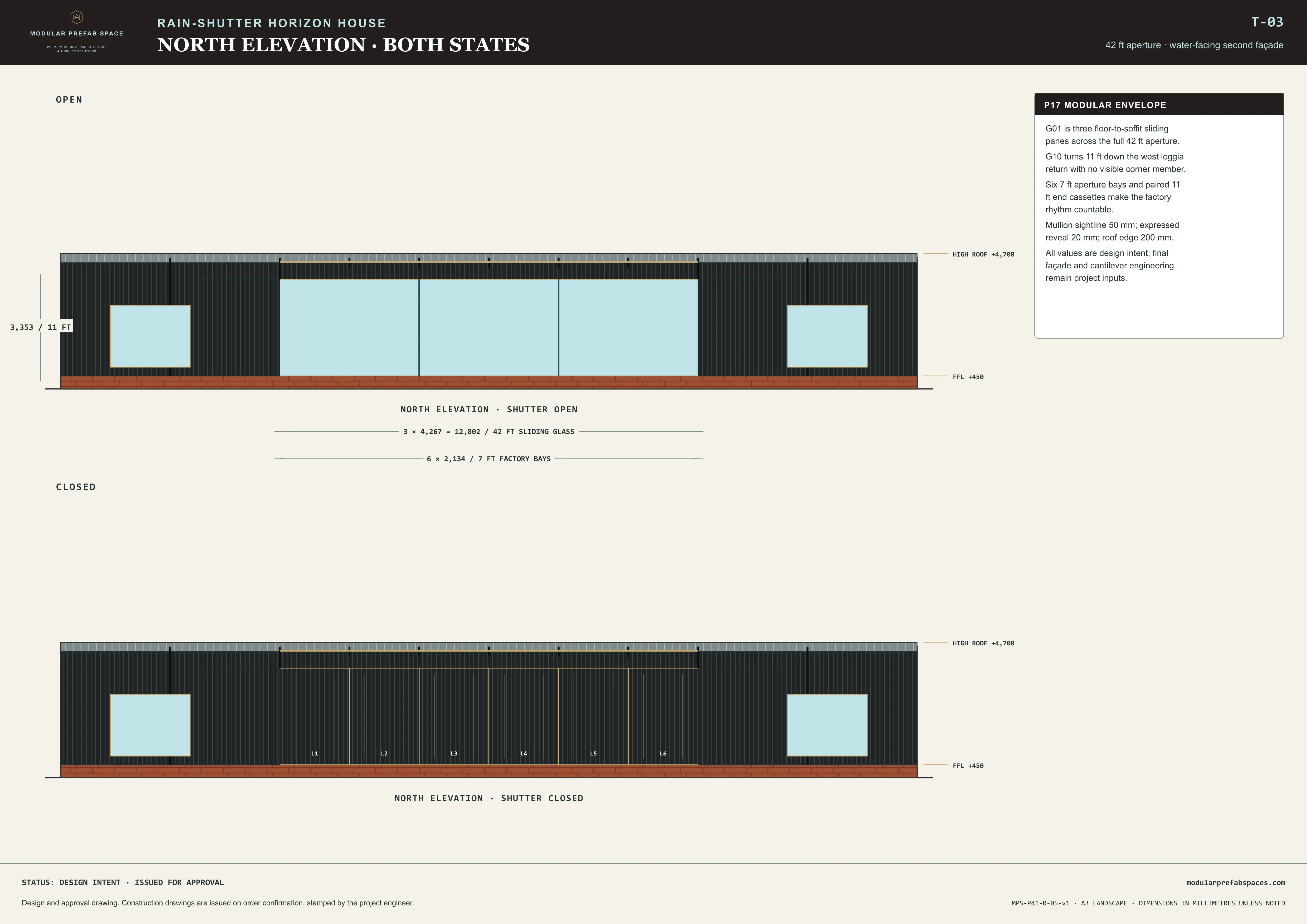 North elevation sheet comparing open and closed shutter states across the face