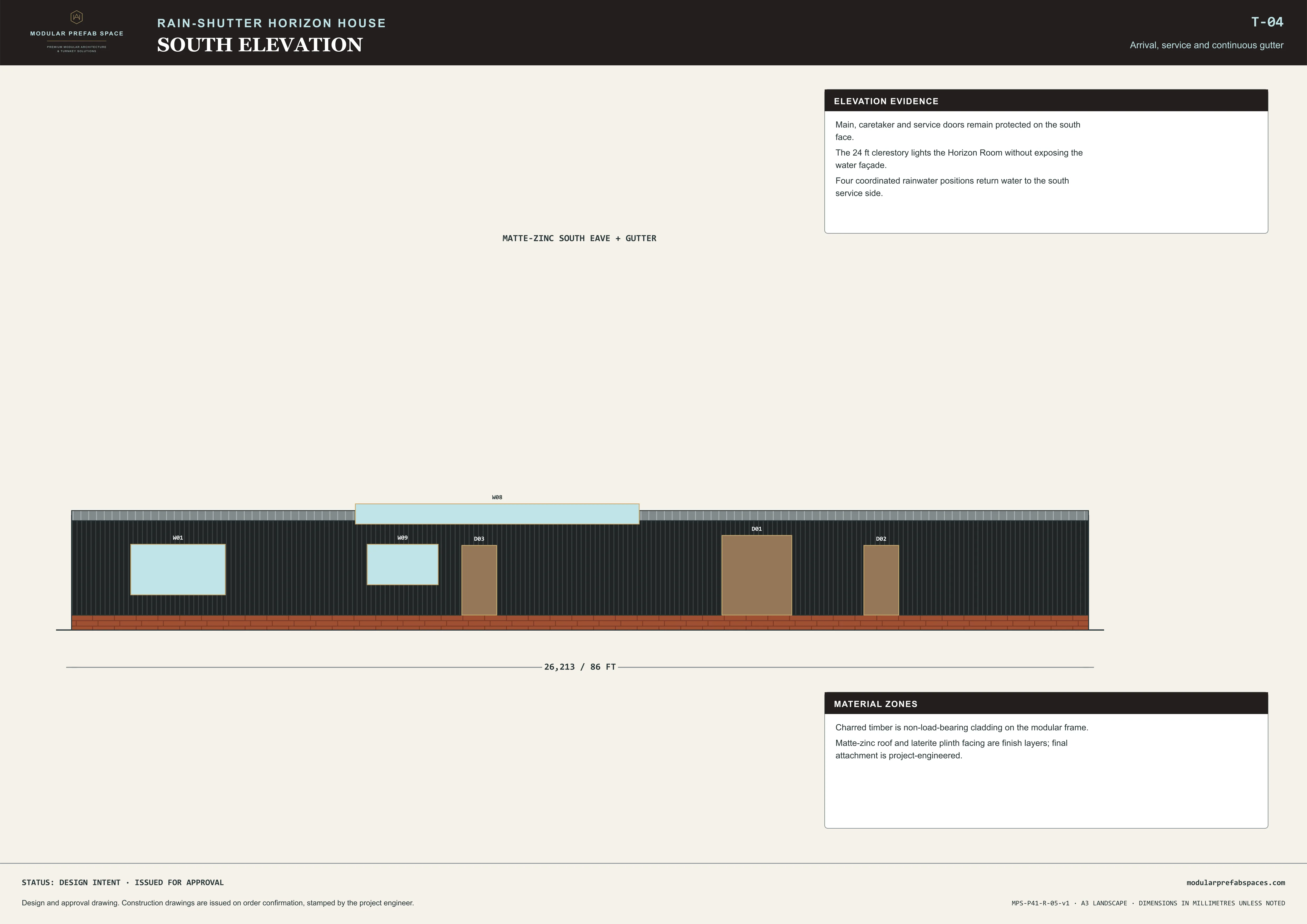 South elevation sheet showing entrance doors and the long dark wall