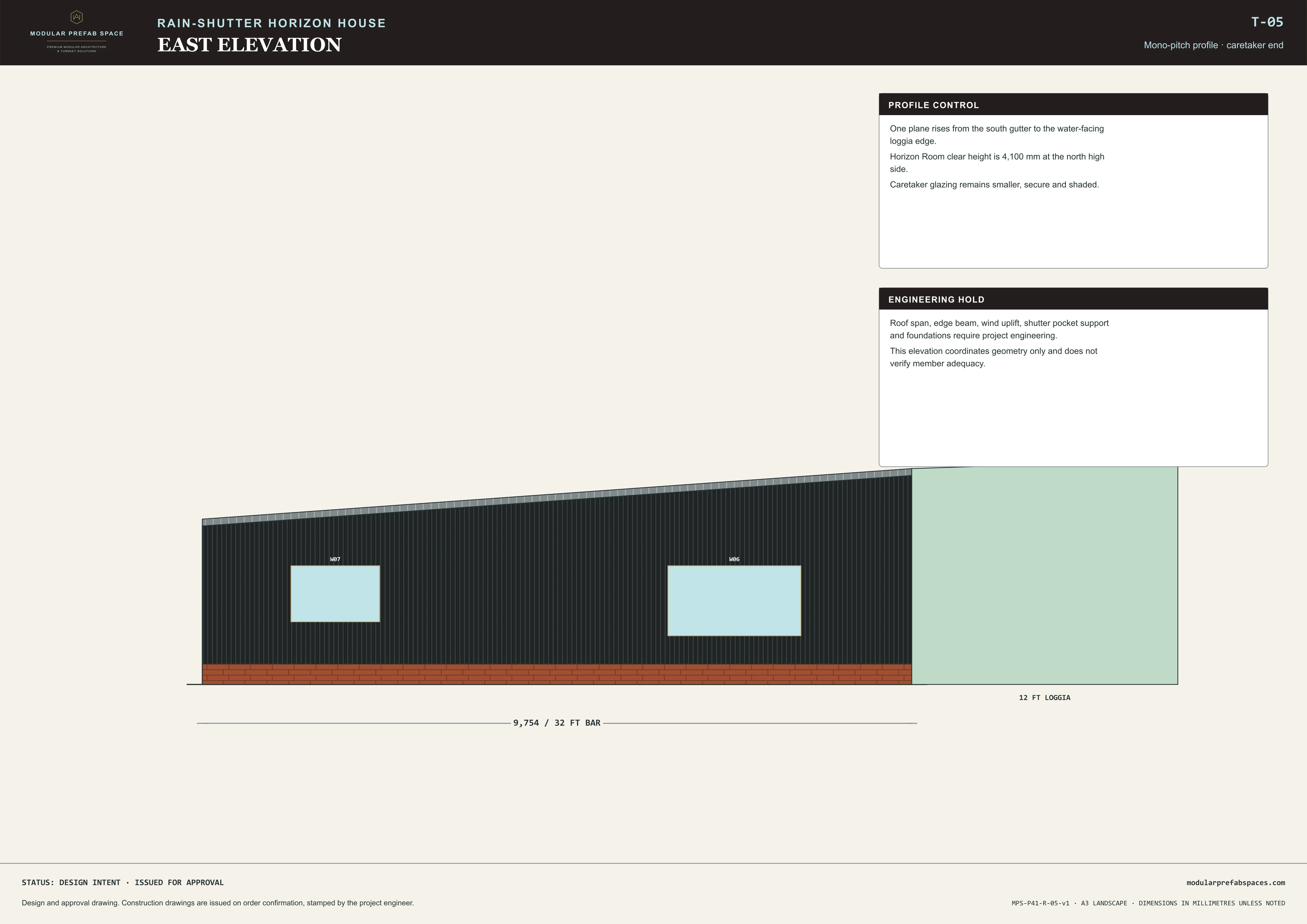 East elevation sheet recording glazed openings against the rising roof line