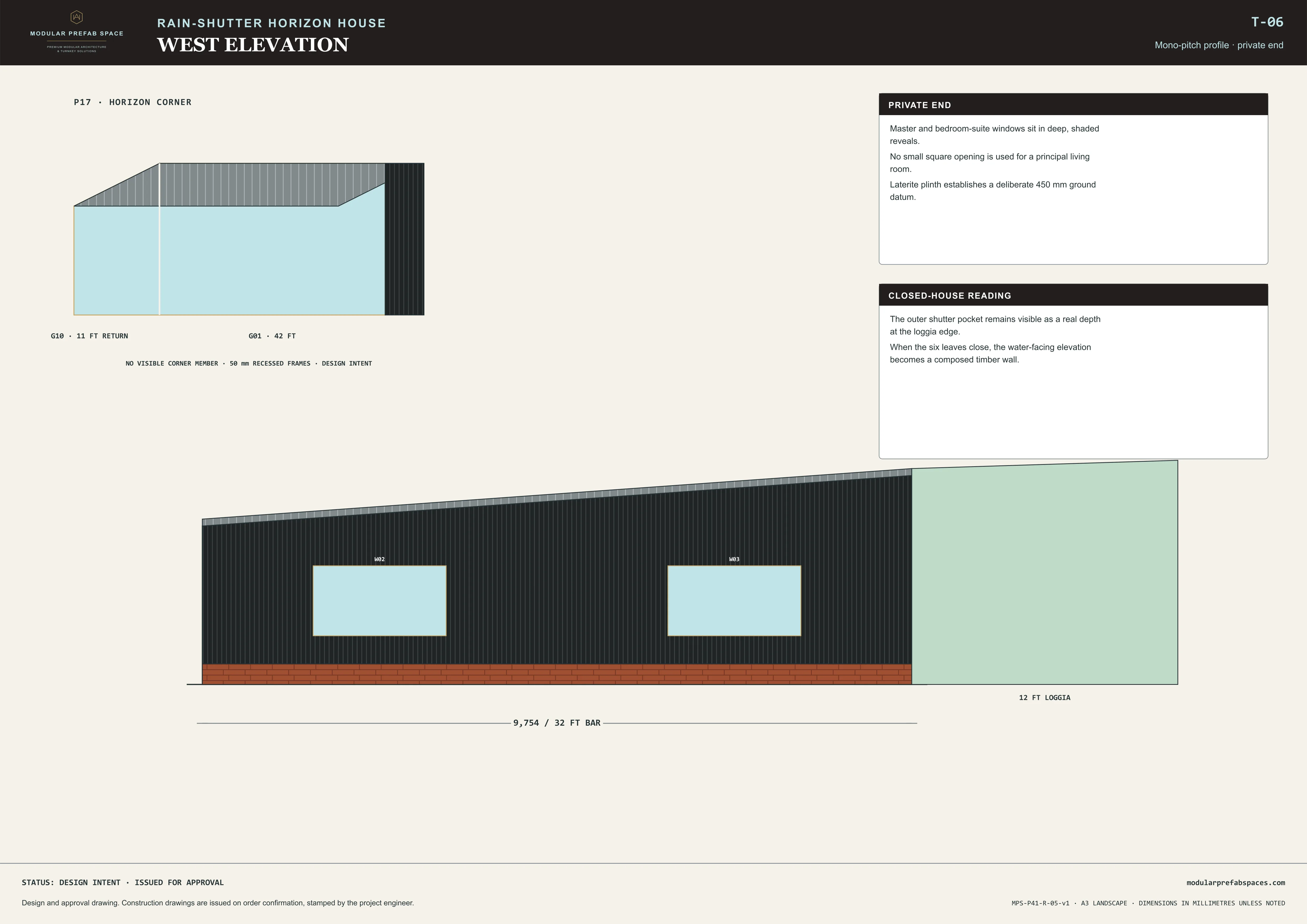 West elevation sheet showing the high end wall and horizon window