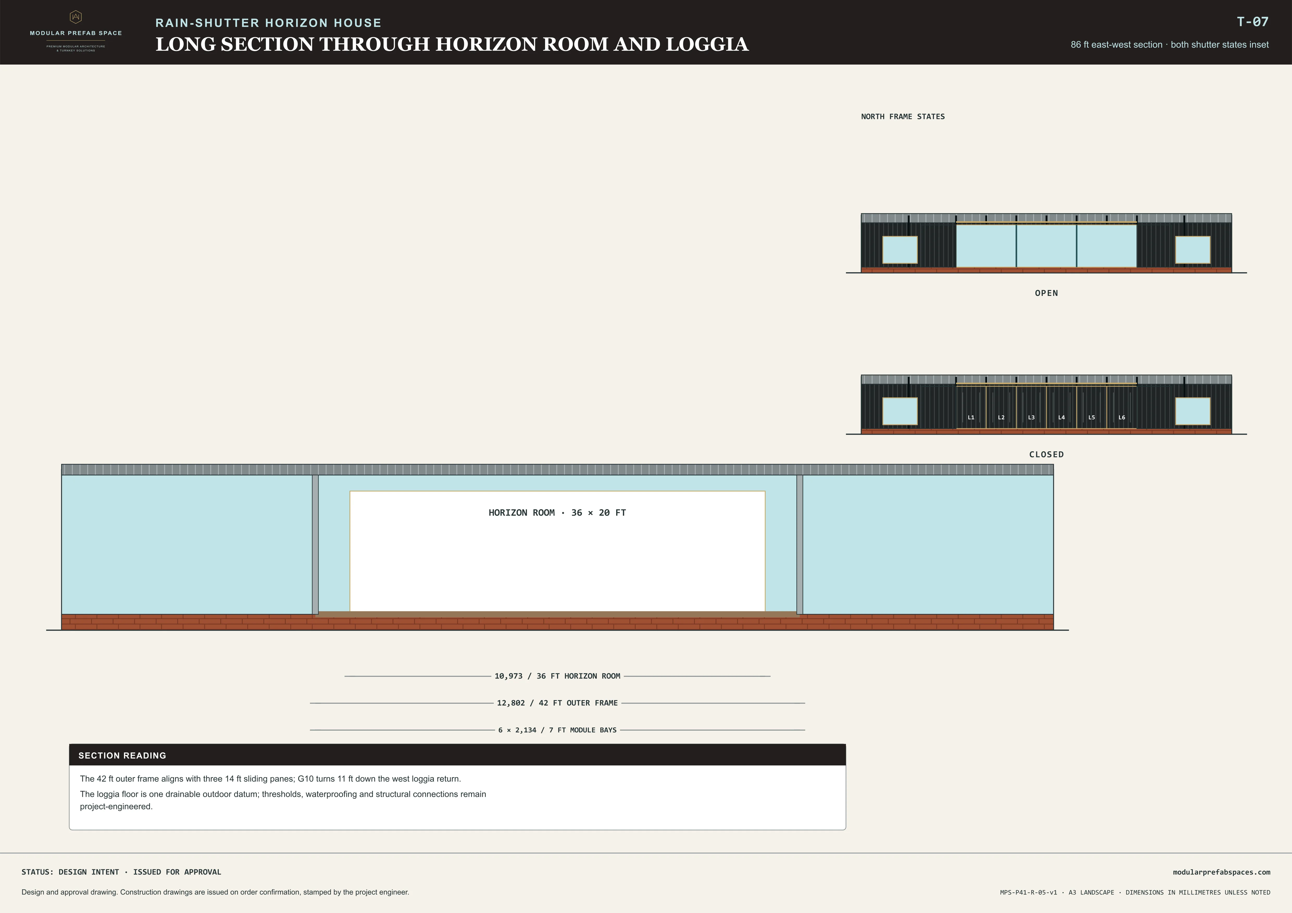 Long section sheet through the horizon room roof and shaded loggia