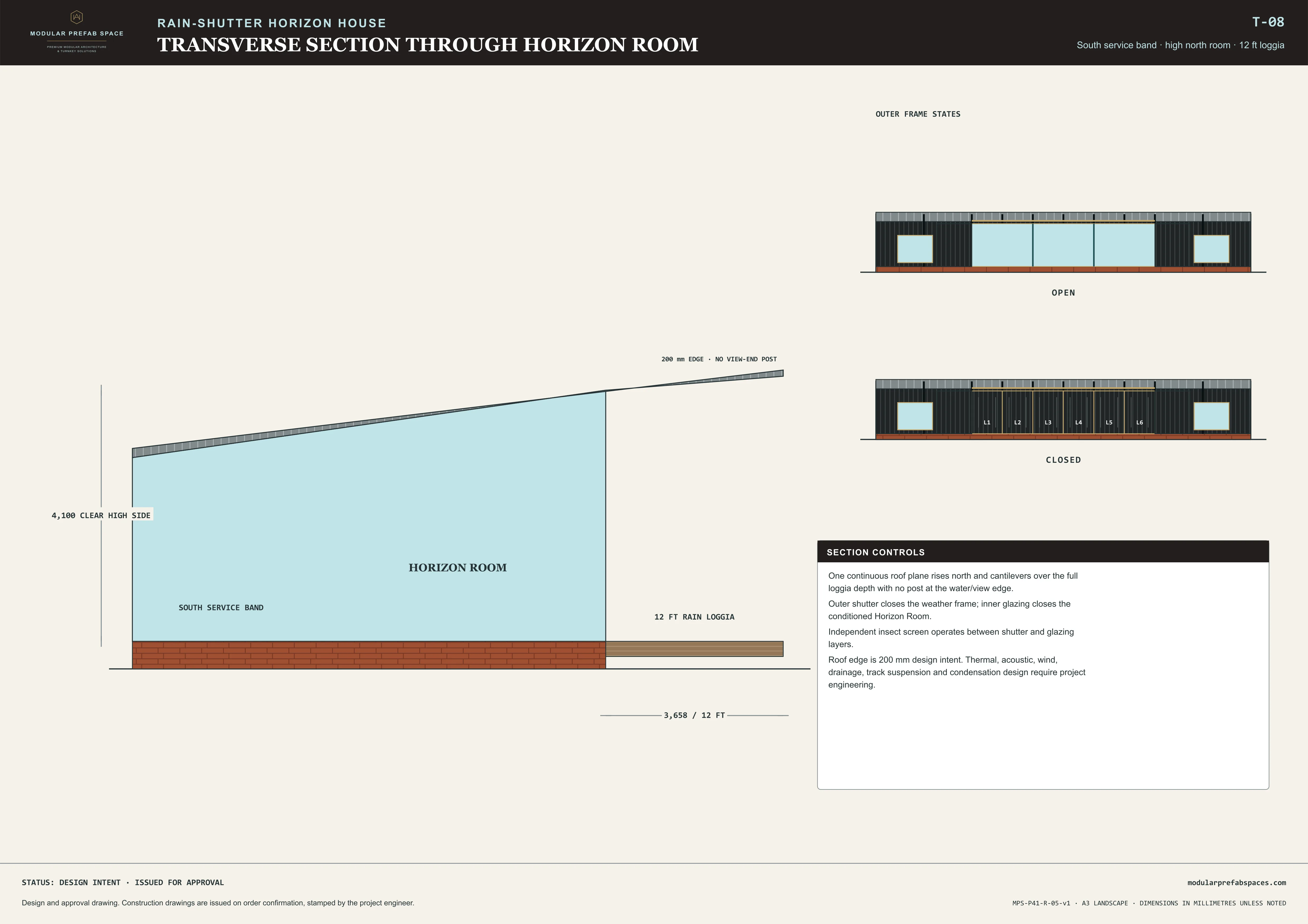 Transverse section sheet through the glazed room and opaque service end