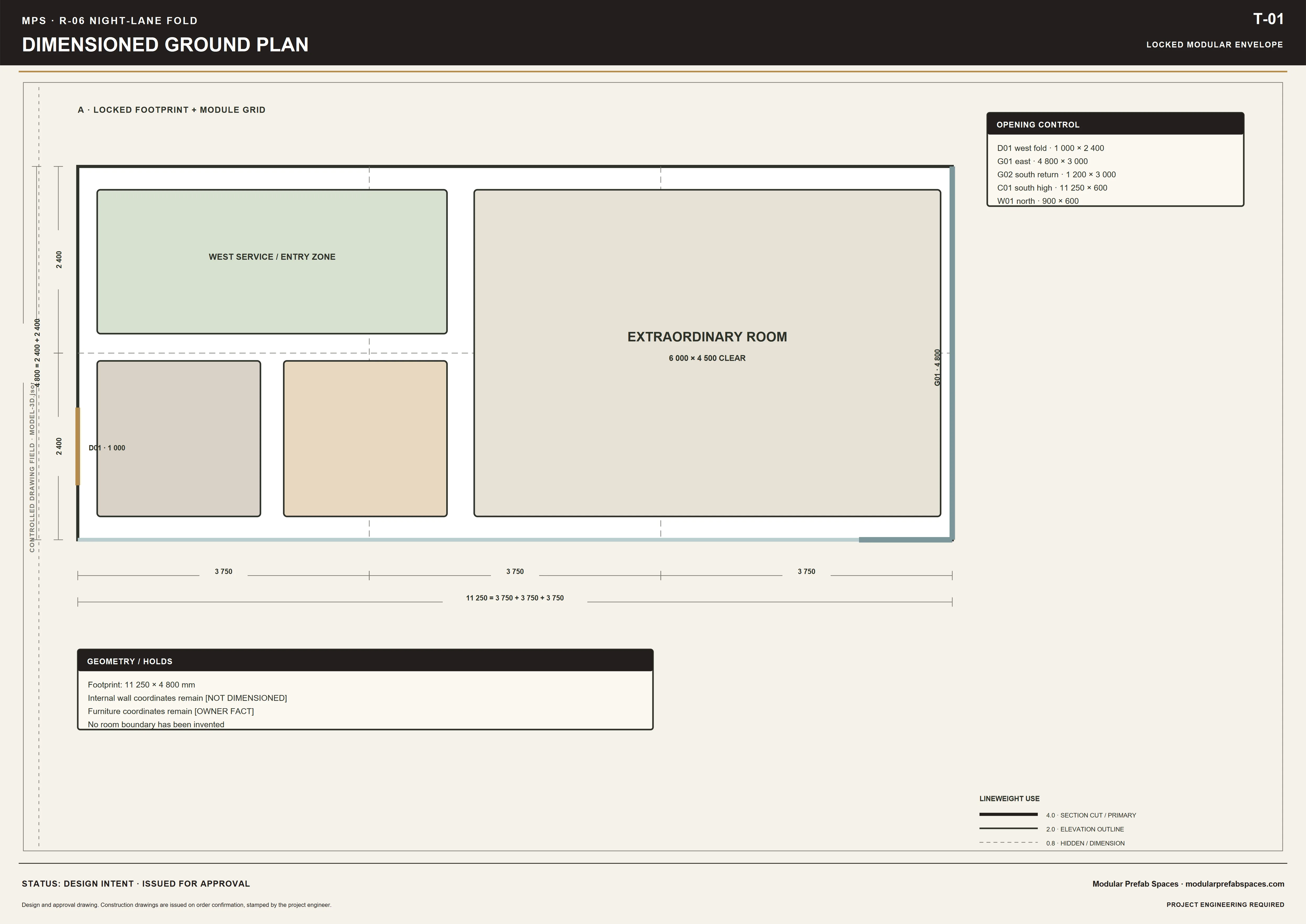 Dimensioned ground plan sheet showing the room service core and garden end