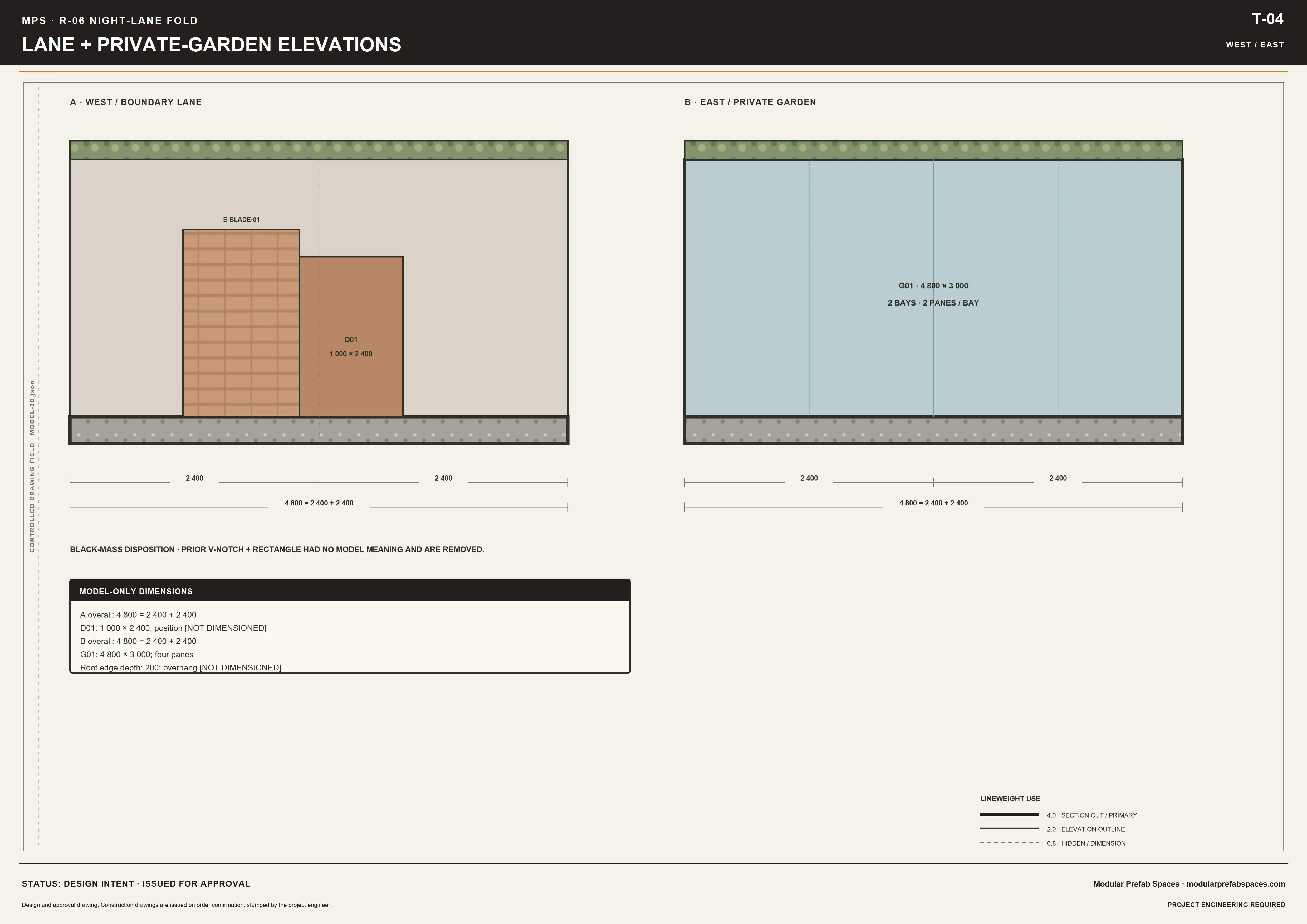 Lane and garden elevation sheet comparing the closed and open room edges